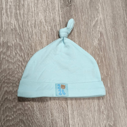 Baby Light Blue Knot Top Beanie Hat Bear Patch 2024 Cotton 0-3 Months
