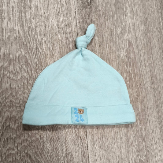 Baby Light Blue Knot Top Beanie Hat Bear Patch 2024 Cotton 0-3 Months