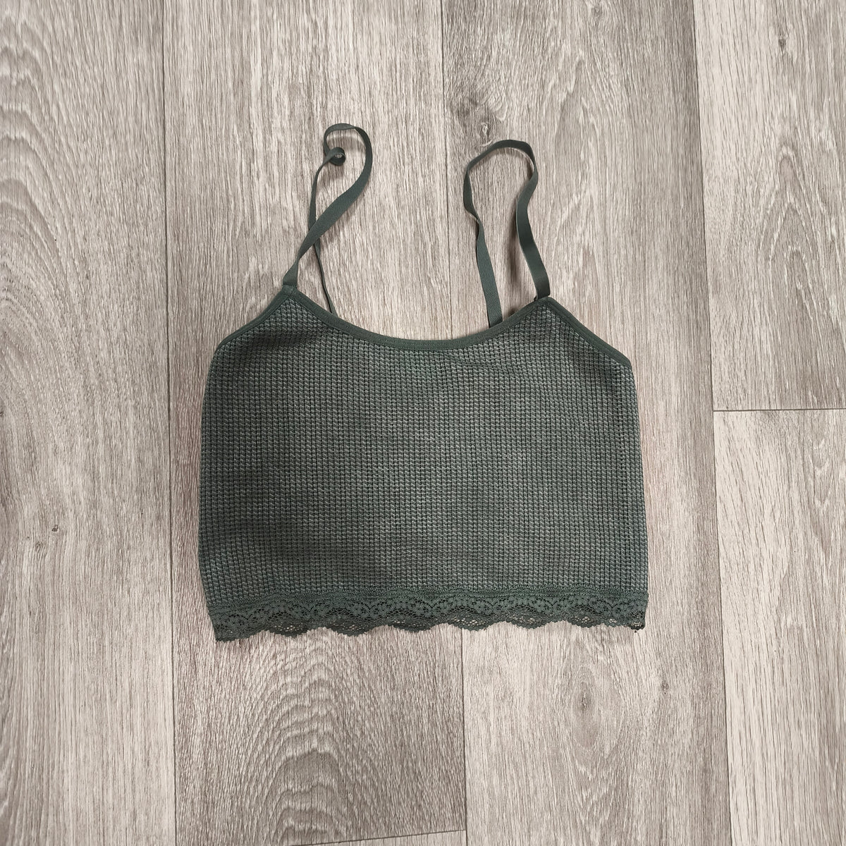 Primark Cares Womens XS Dark Green Waffle Knit Lace Trim Cami Bralette Crop Top