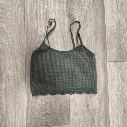 Primark Cares Womens XS Dark Green Waffle Knit Lace Trim Cami Bralette Crop Top