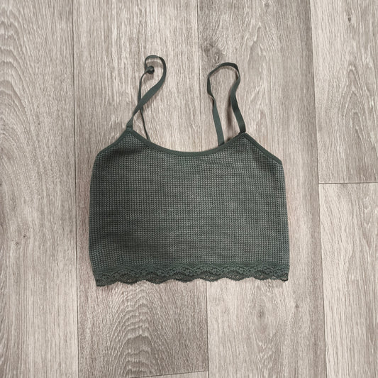 Primark Cares Womens XS Dark Green Waffle Knit Lace Trim Cami Bralette Crop Top