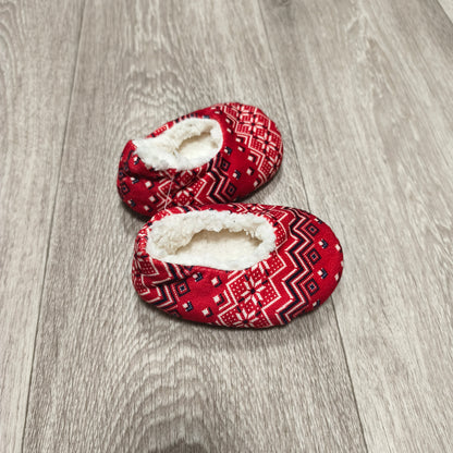 Fair Isle Slipper Booties Fleece Lined Cozy House Shoes Red White Chevron