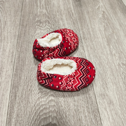 Fair Isle Slipper Booties Fleece Lined Cozy House Shoes Red White Chevron