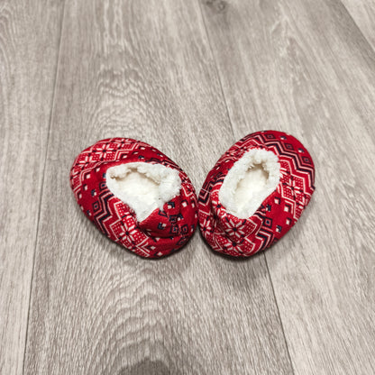 Fair Isle Slipper Booties Fleece Lined Cozy House Shoes Red White Chevron