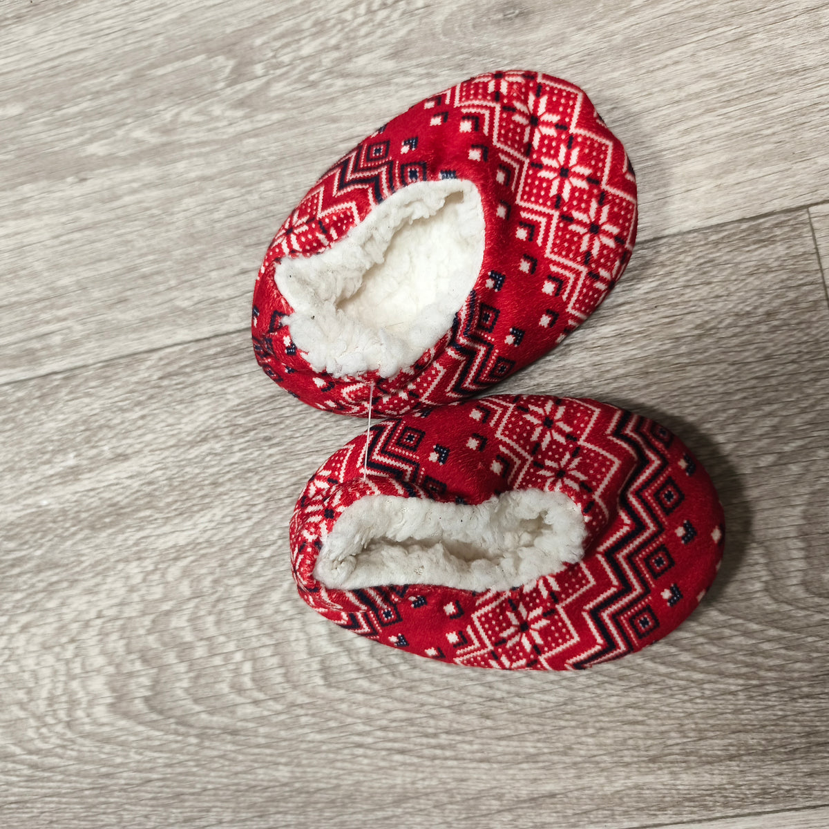Fair Isle Slipper Booties Fleece Lined Cozy House Shoes Red White Chevron