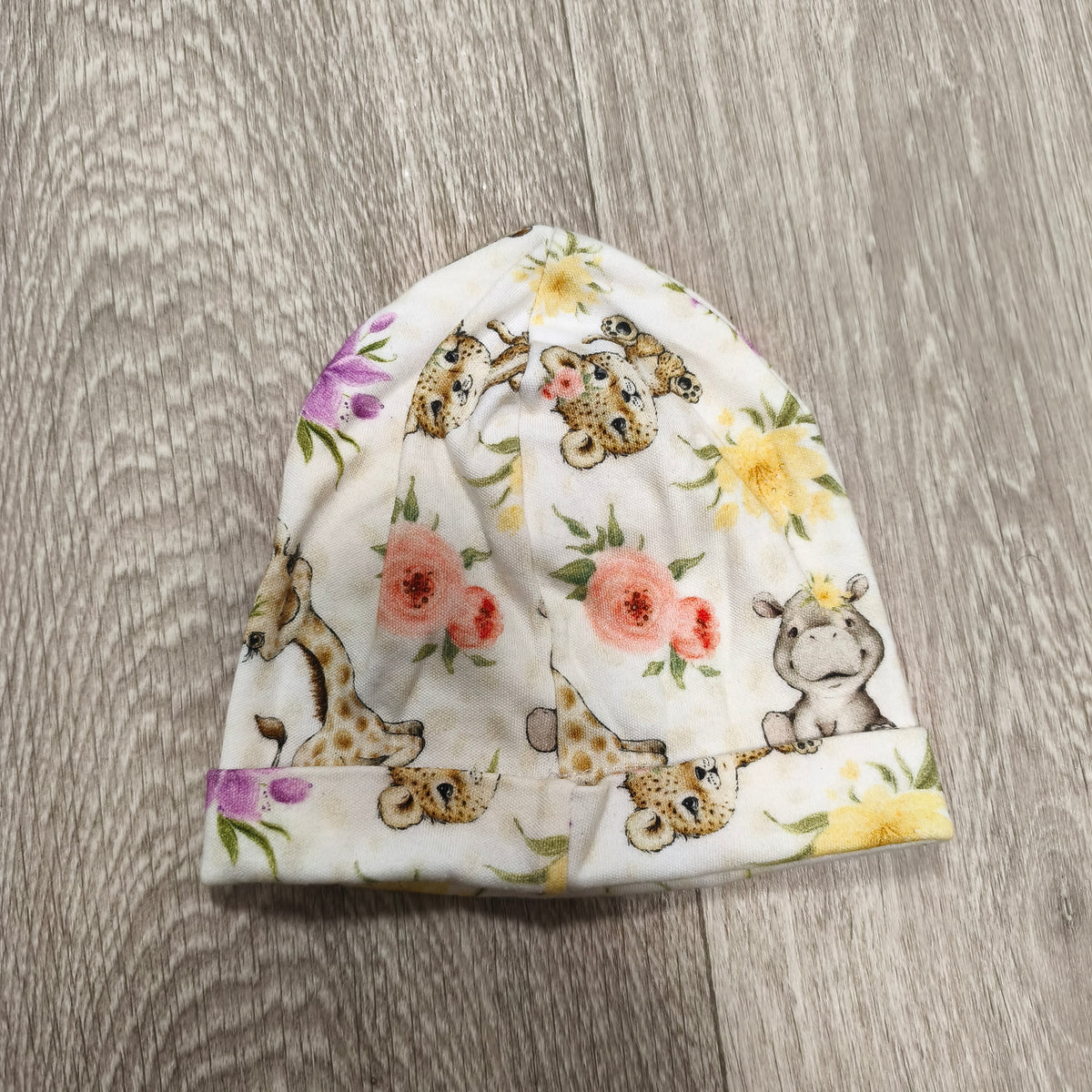 Lorita Baby Beanie Hat 48cm Safari Animal Floral Print 100% Cotton Beanie Cap