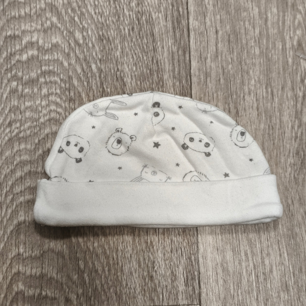George Baby Beanie Hat One Size White Animal Print Panda Bear Rabbit Fold Cuff