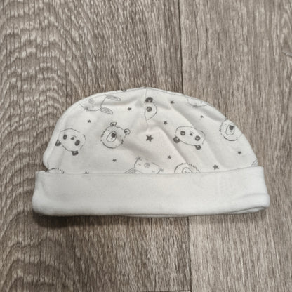 George Baby Beanie Hat One Size White Animal Print Panda Bear Rabbit Fold Cuff