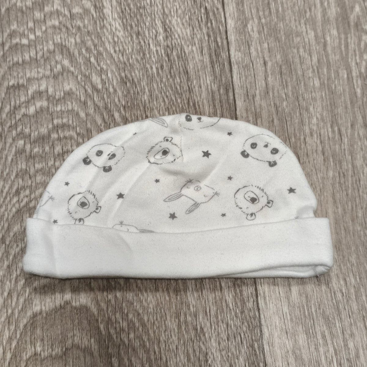 George Baby Beanie Hat One Size White Animal Print Panda Bear Rabbit Fold Cuff