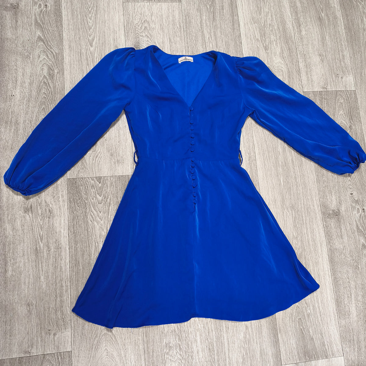 Misscix Royal Blue V-Neck Long Sleeve Mini Dress Covered Buttons Size M