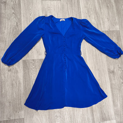 Misscix Royal Blue V-Neck Long Sleeve Mini Dress Covered Buttons Size M