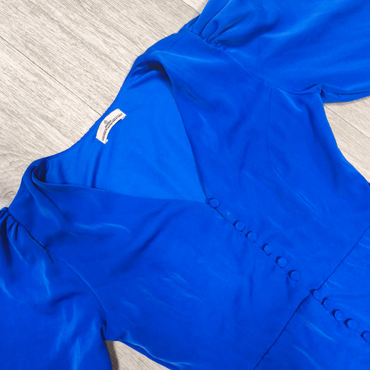 Misscix Royal Blue V-Neck Long Sleeve Mini Dress Covered Buttons Size M