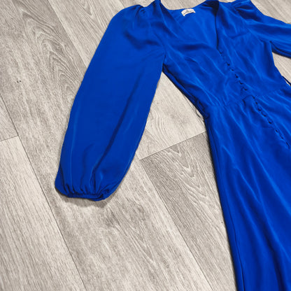 Misscix Royal Blue V-Neck Long Sleeve Mini Dress Covered Buttons Size M