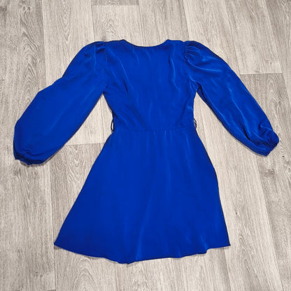 Misscix Royal Blue V-Neck Long Sleeve Mini Dress Covered Buttons Size M