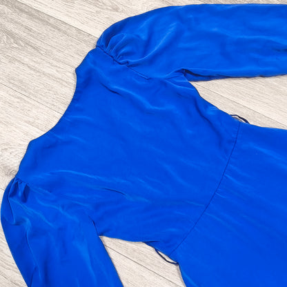 Misscix Royal Blue V-Neck Long Sleeve Mini Dress Covered Buttons Size M