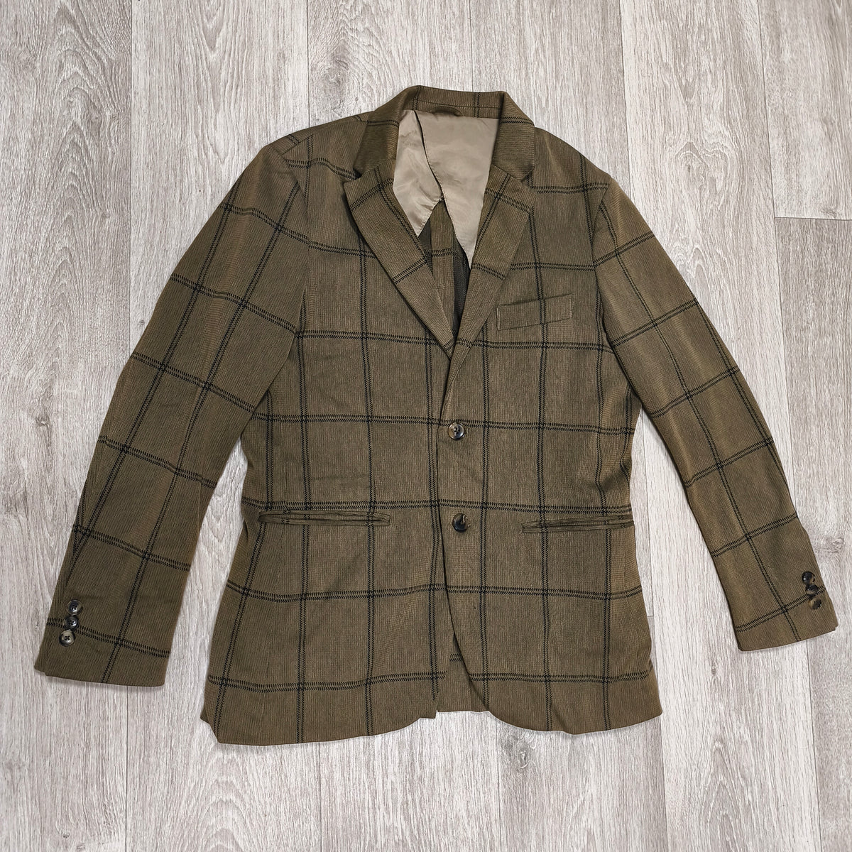 EDIFICE Mens L Brown Windowpane Plaid 2 Button Suit Jacket Blazer Cotton Blend
