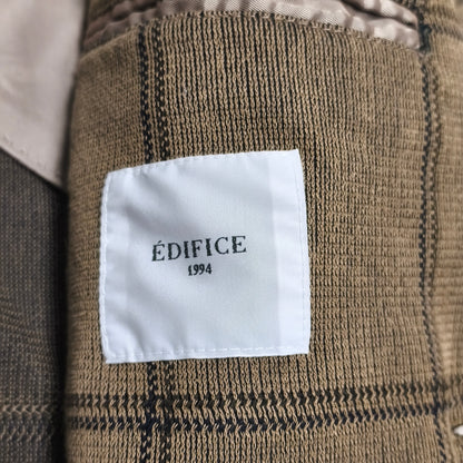 EDIFICE Mens L Brown Windowpane Plaid 2 Button Suit Jacket Blazer Cotton Blend