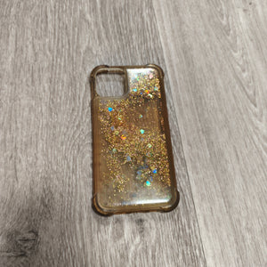 Gold Liquid Glitter Floating Heart Phone Case Clear Cover 15cm x 7.5cm