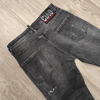 DSQUARED2 Mens Black Distressed Jeans Size 48 IT D2 CIAO Patch Button Fly