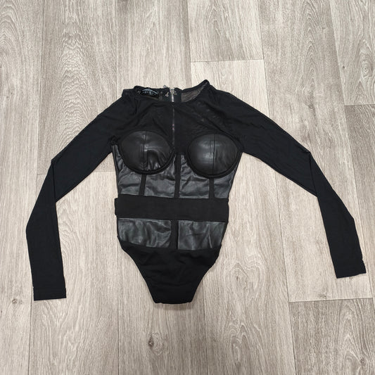 Manière De Voir Women's Black Mesh Faux Leather Long Sleeve Bodysuit Size 6