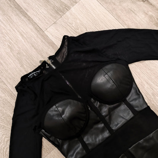 Manière De Voir Women's Black Mesh Faux Leather Long Sleeve Bodysuit Size 6