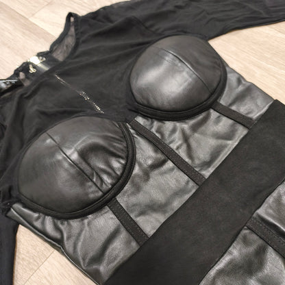 Manière De Voir Women's Black Mesh Faux Leather Long Sleeve Bodysuit Size 6
