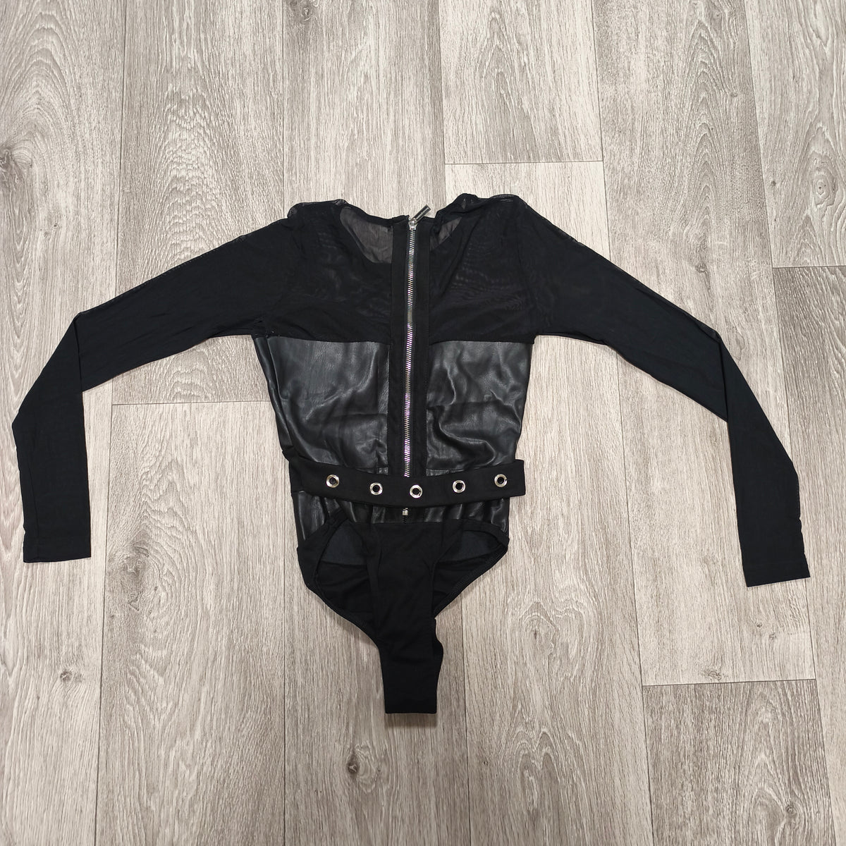 Manière De Voir Women's Black Mesh Faux Leather Long Sleeve Bodysuit Size 6