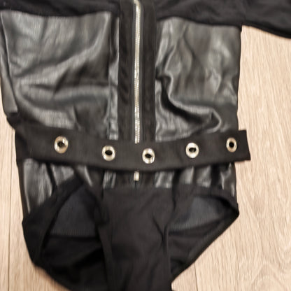 Manière De Voir Women's Black Mesh Faux Leather Long Sleeve Bodysuit Size 6