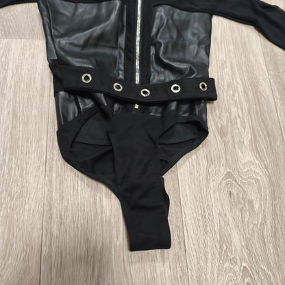 Manière De Voir Women's Black Mesh Faux Leather Long Sleeve Bodysuit Size 6
