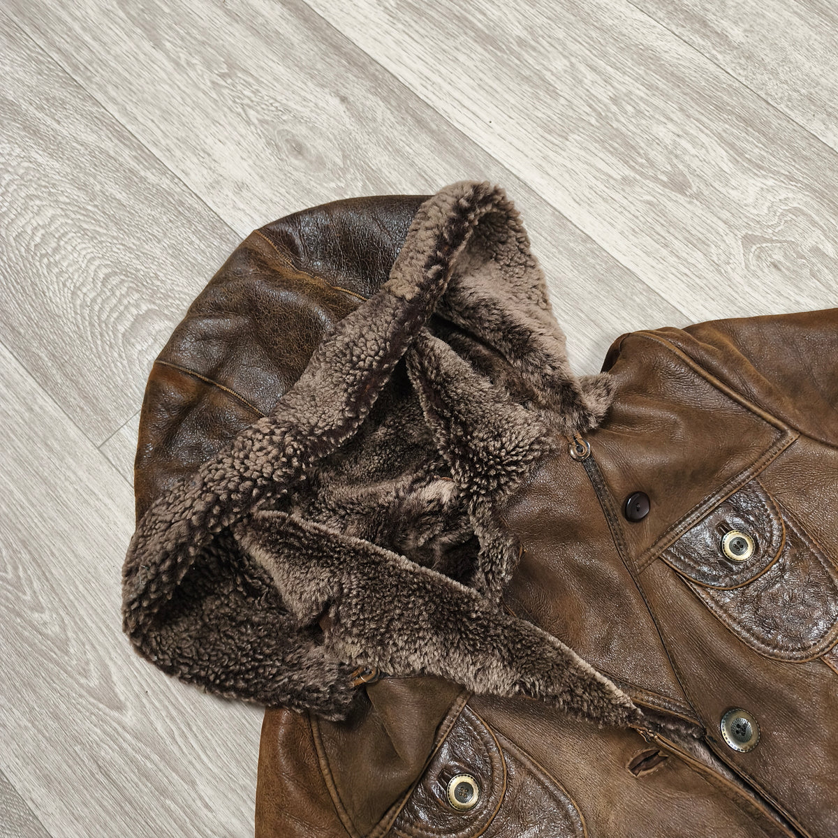 Vintage BISON Womens Sheepskin Shearling Coat Long Hooded Brown Size 36 S Boho