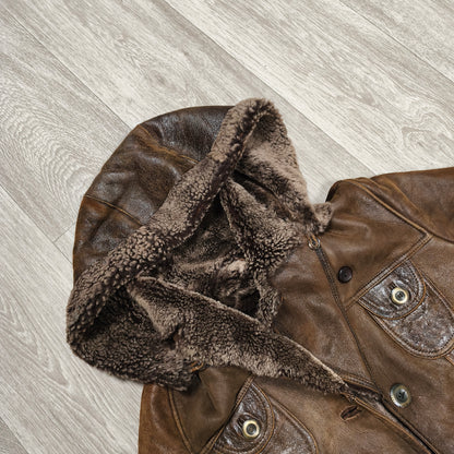 Vintage BISON Womens Sheepskin Shearling Coat Long Hooded Brown Size 36 S Boho