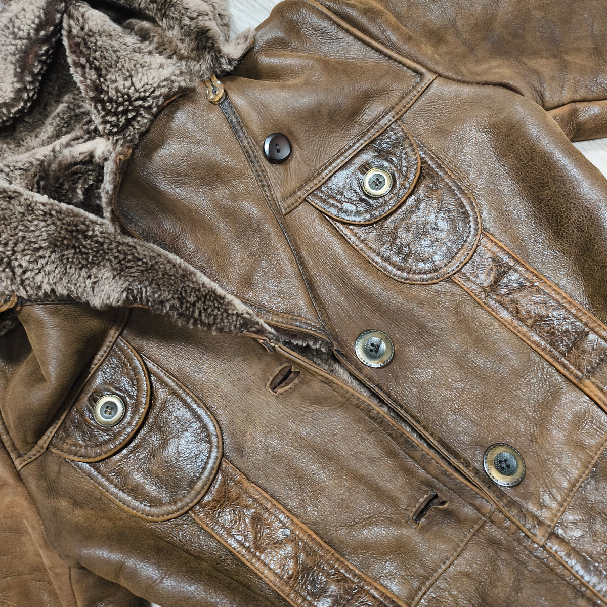 Vintage BISON Womens Sheepskin Shearling Coat Long Hooded Brown Size 36 S Boho