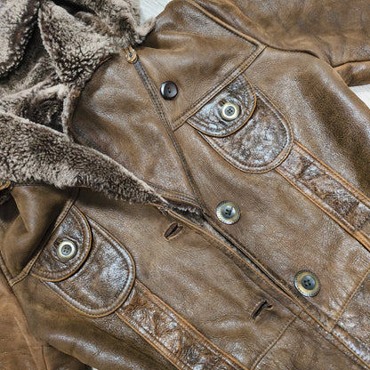 Vintage BISON Womens Sheepskin Shearling Coat Long Hooded Brown Size 36 S Boho