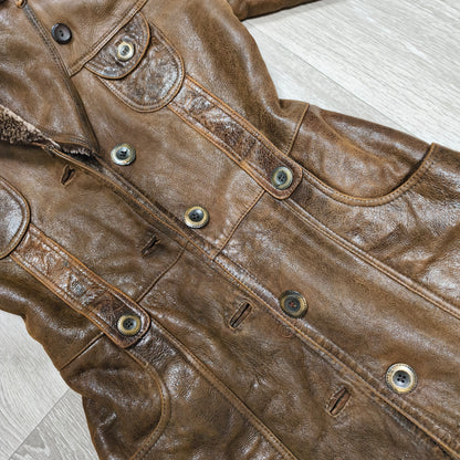Vintage BISON Womens Sheepskin Shearling Coat Long Hooded Brown Size 36 S Boho