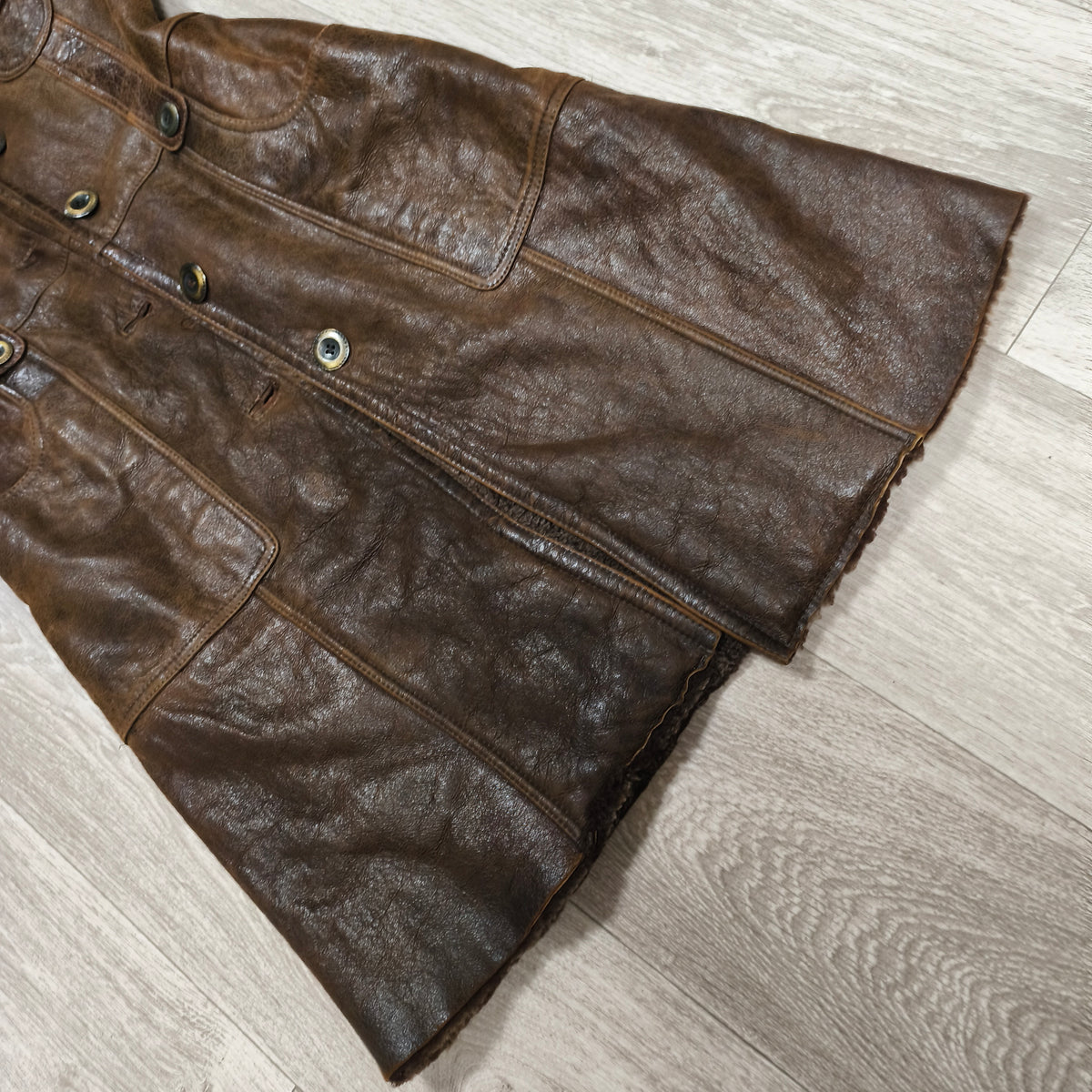 Vintage BISON Womens Sheepskin Shearling Coat Long Hooded Brown Size 36 S Boho
