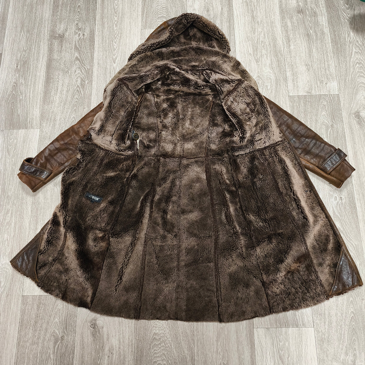 Vintage BISON Womens Sheepskin Shearling Coat Long Hooded Brown Size 36 S Boho