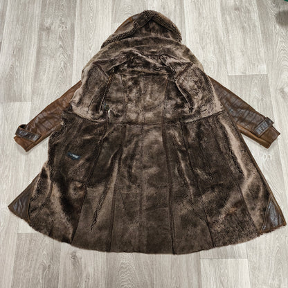 Vintage BISON Womens Sheepskin Shearling Coat Long Hooded Brown Size 36 S Boho