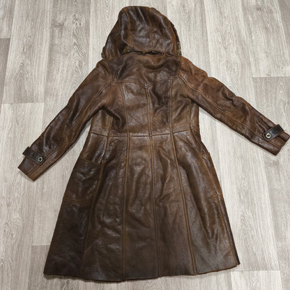 Vintage BISON Womens Sheepskin Shearling Coat Long Hooded Brown Size 36 S Boho