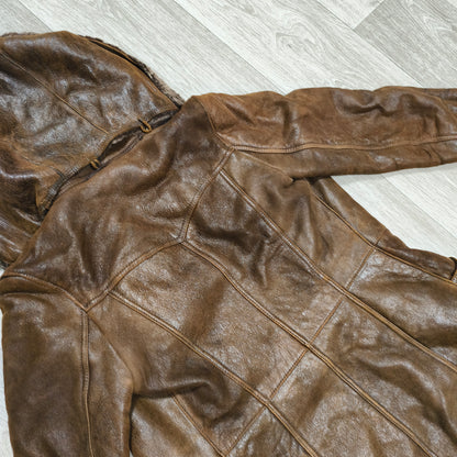 Vintage BISON Womens Sheepskin Shearling Coat Long Hooded Brown Size 36 S Boho
