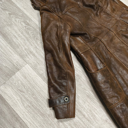 Vintage BISON Womens Sheepskin Shearling Coat Long Hooded Brown Size 36 S Boho