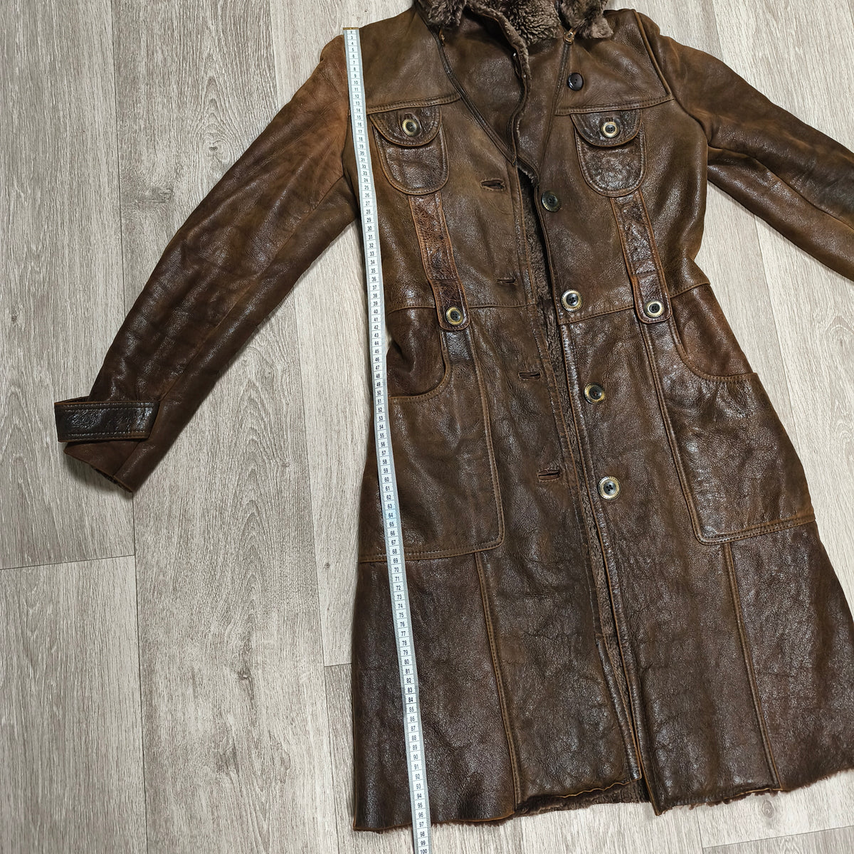 Vintage BISON Womens Sheepskin Shearling Coat Long Hooded Brown Size 36 S Boho