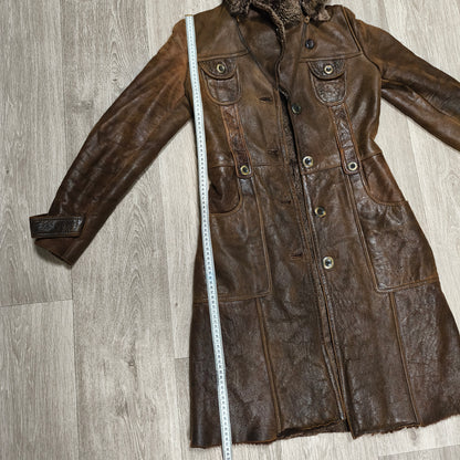 Vintage BISON Womens Sheepskin Shearling Coat Long Hooded Brown Size 36 S Boho