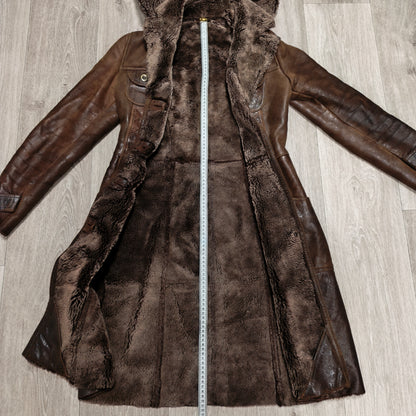 Vintage BISON Womens Sheepskin Shearling Coat Long Hooded Brown Size 36 S Boho