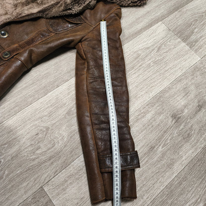 Vintage BISON Womens Sheepskin Shearling Coat Long Hooded Brown Size 36 S Boho