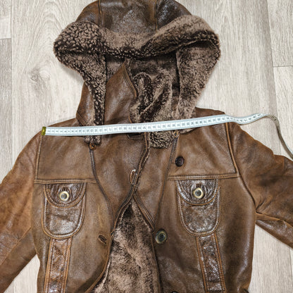 Vintage BISON Womens Sheepskin Shearling Coat Long Hooded Brown Size 36 S Boho