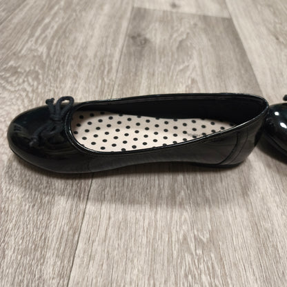 M&S School Girls Black Patent Ballet Pumps Flats Bow UK 3 EU 35.5 Slip On Shoes