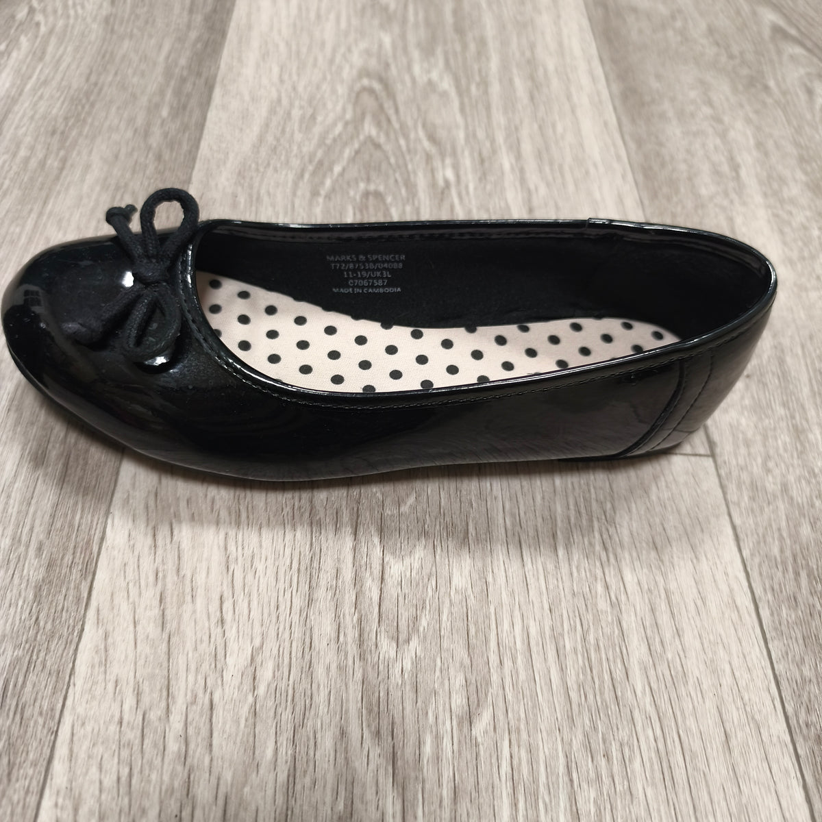 M&S School Girls Black Patent Ballet Pumps Flats Bow UK 3 EU 35.5 Slip On Shoes