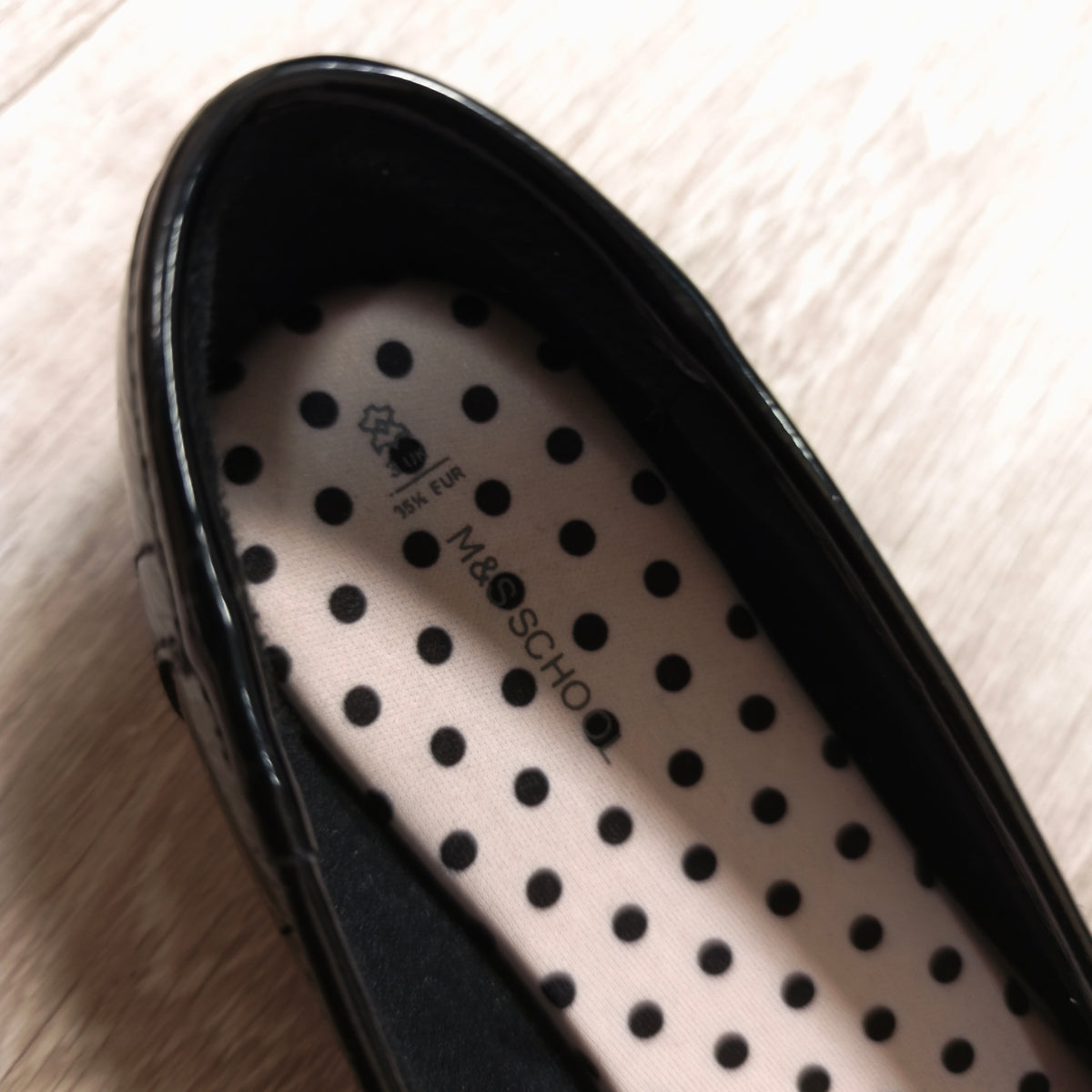 M&S School Girls Black Patent Ballet Pumps Flats Bow UK 3 EU 35.5 Slip On Shoes