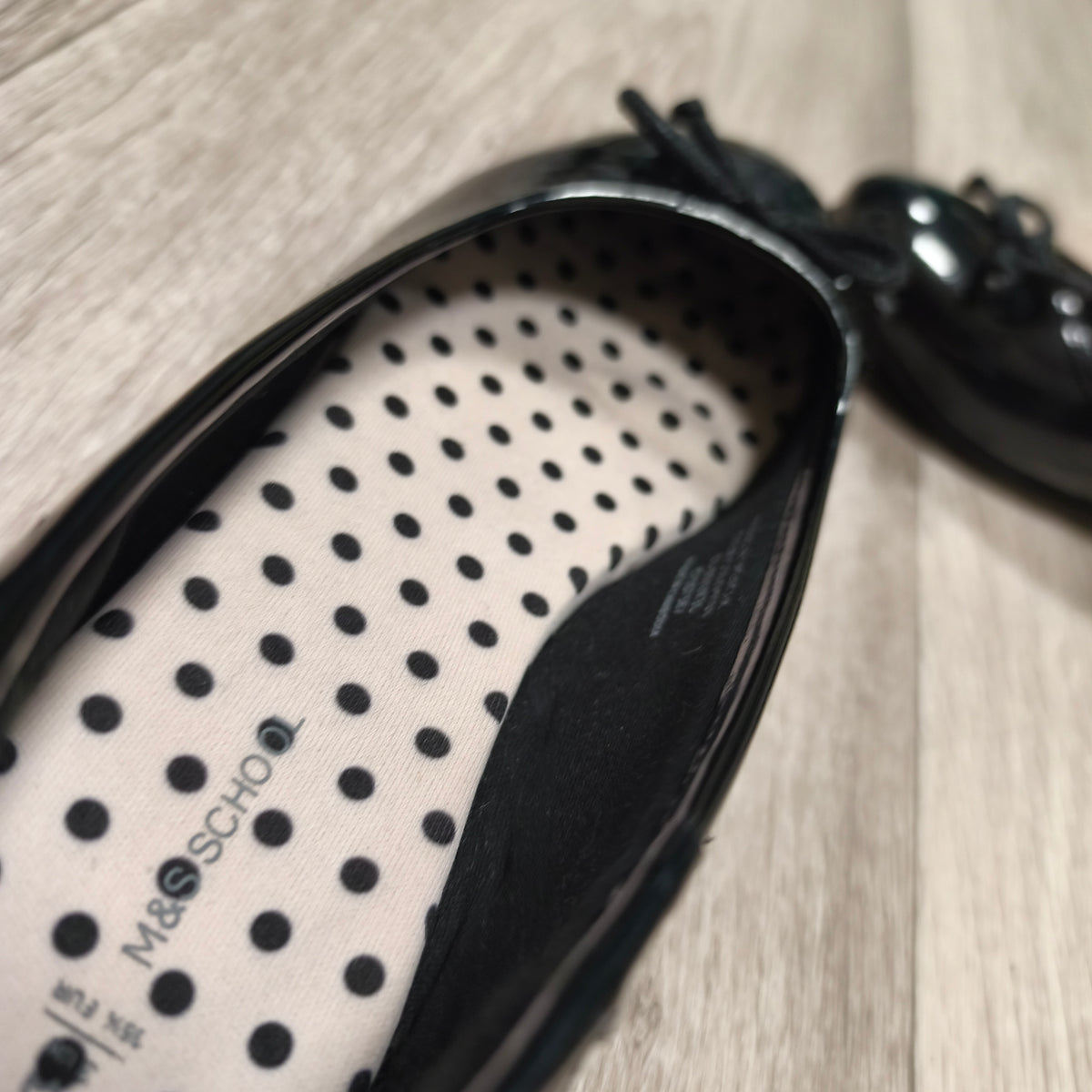 M&S School Girls Black Patent Ballet Pumps Flats Bow UK 3 EU 35.5 Slip On Shoes
