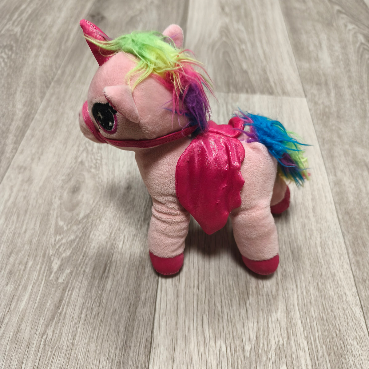 Pink Winged Unicorn Plush Soft Toy Rainbow Mane Glitter Wings Sound Pegasus